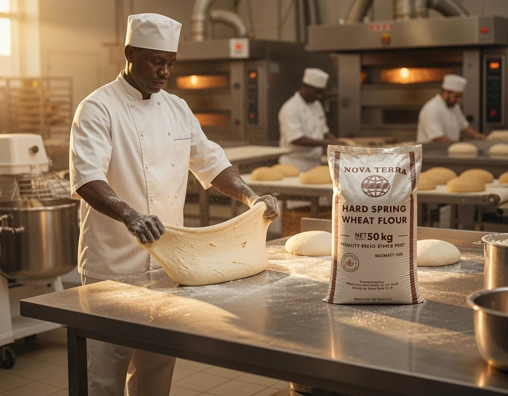 Baker kneading dough beside a Nova Terra flour bag