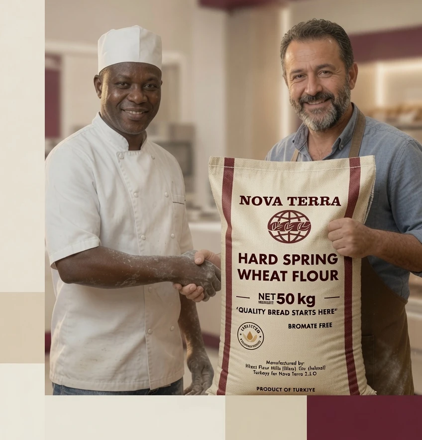 Nova Terra bakery partner and baker shaking hands over a flour bag