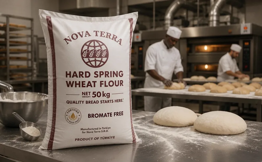AgroLoaf Nova Terra flour bag on a bakery bench