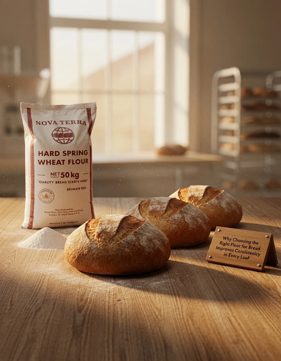 Three loaves of bread beside a Nova Terra flour bag