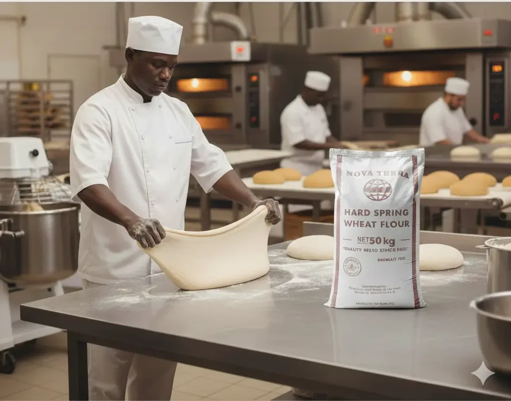 Baker stretching dough to a thin gluten window
