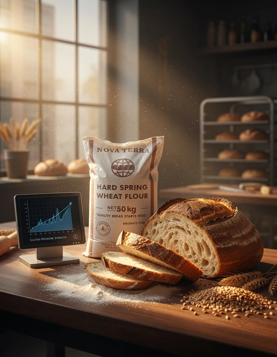 Sliced sourdough loaf, Nova Terra bag and wheat grain on a bakery counter