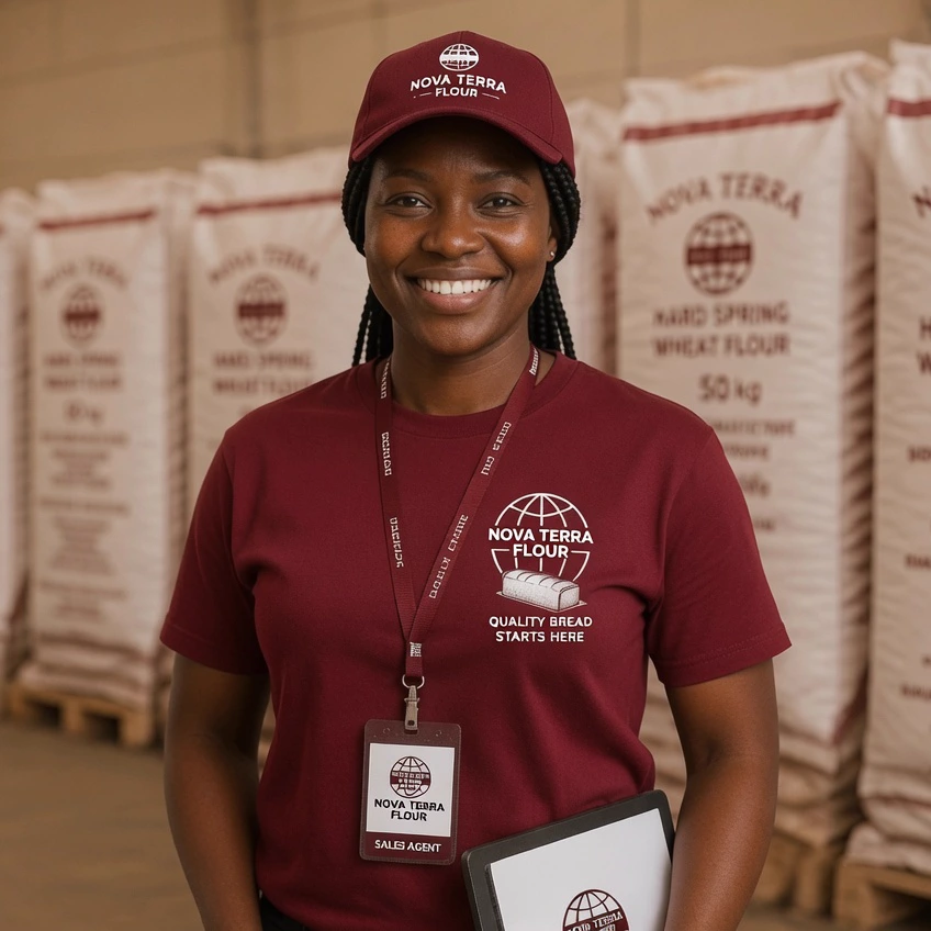 Nova Terra sales agent with an ID badge