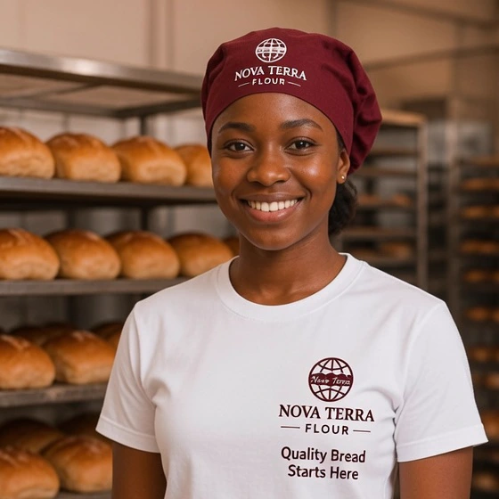 Baker beside bread racks