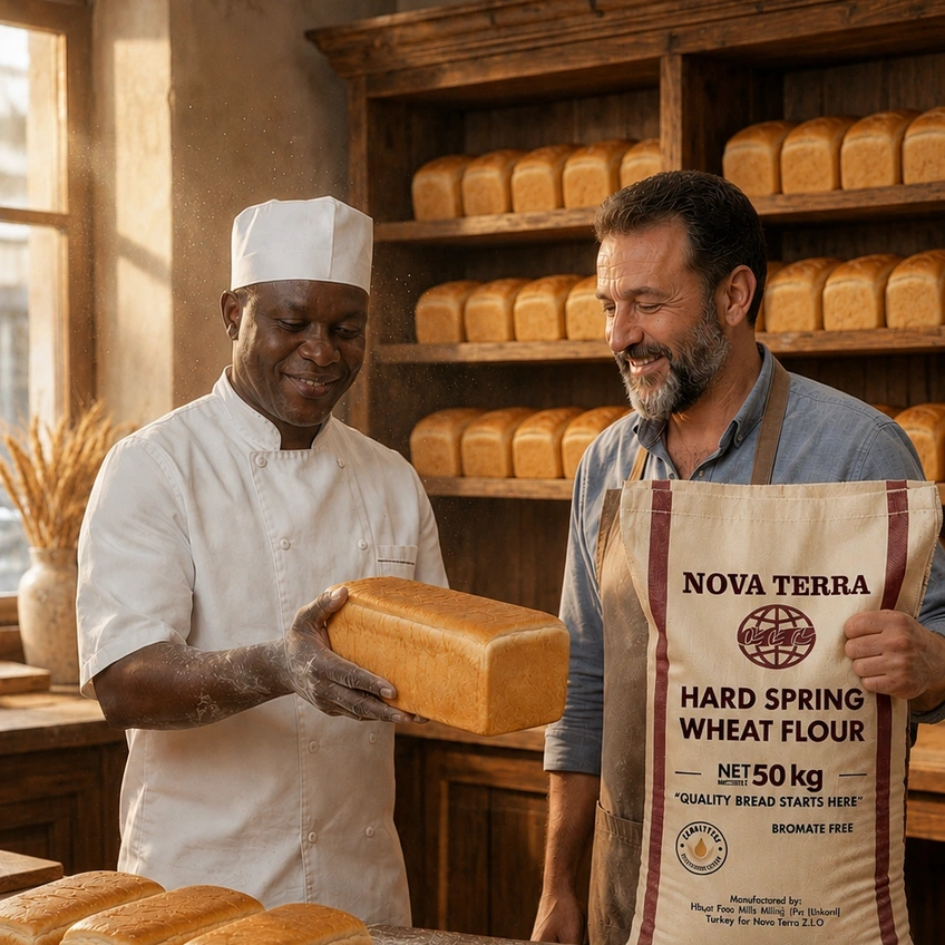 Baker handing a loaf to a Nova Terra supplier